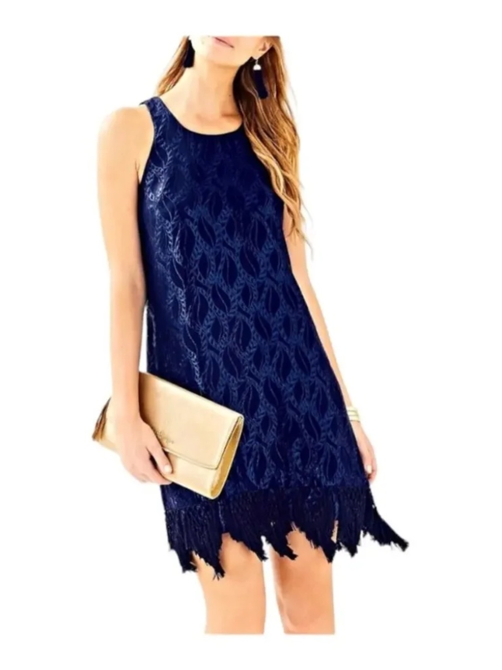 Lilly Pulitzer Marquette Shift Dress XL True Navy Silk Leaf Jacquard Fringe NWT